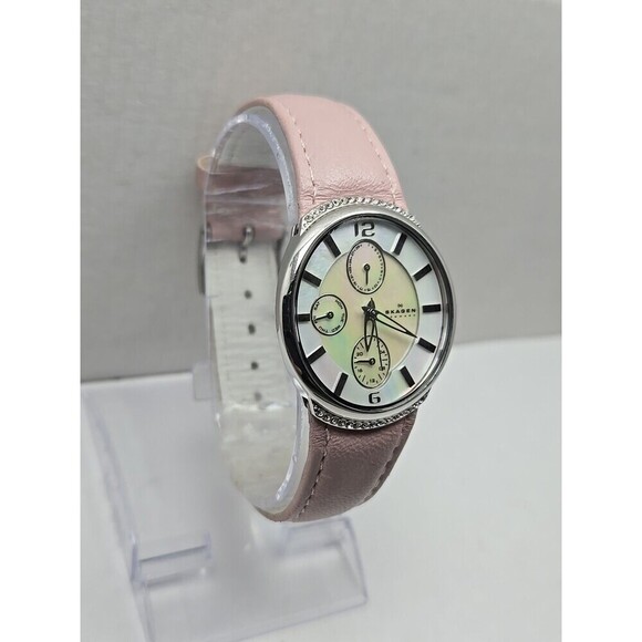 Skagen 586SSLP Womens Day Date Watch MOP Crystal Bezel Pink Leather New Battery main image 11